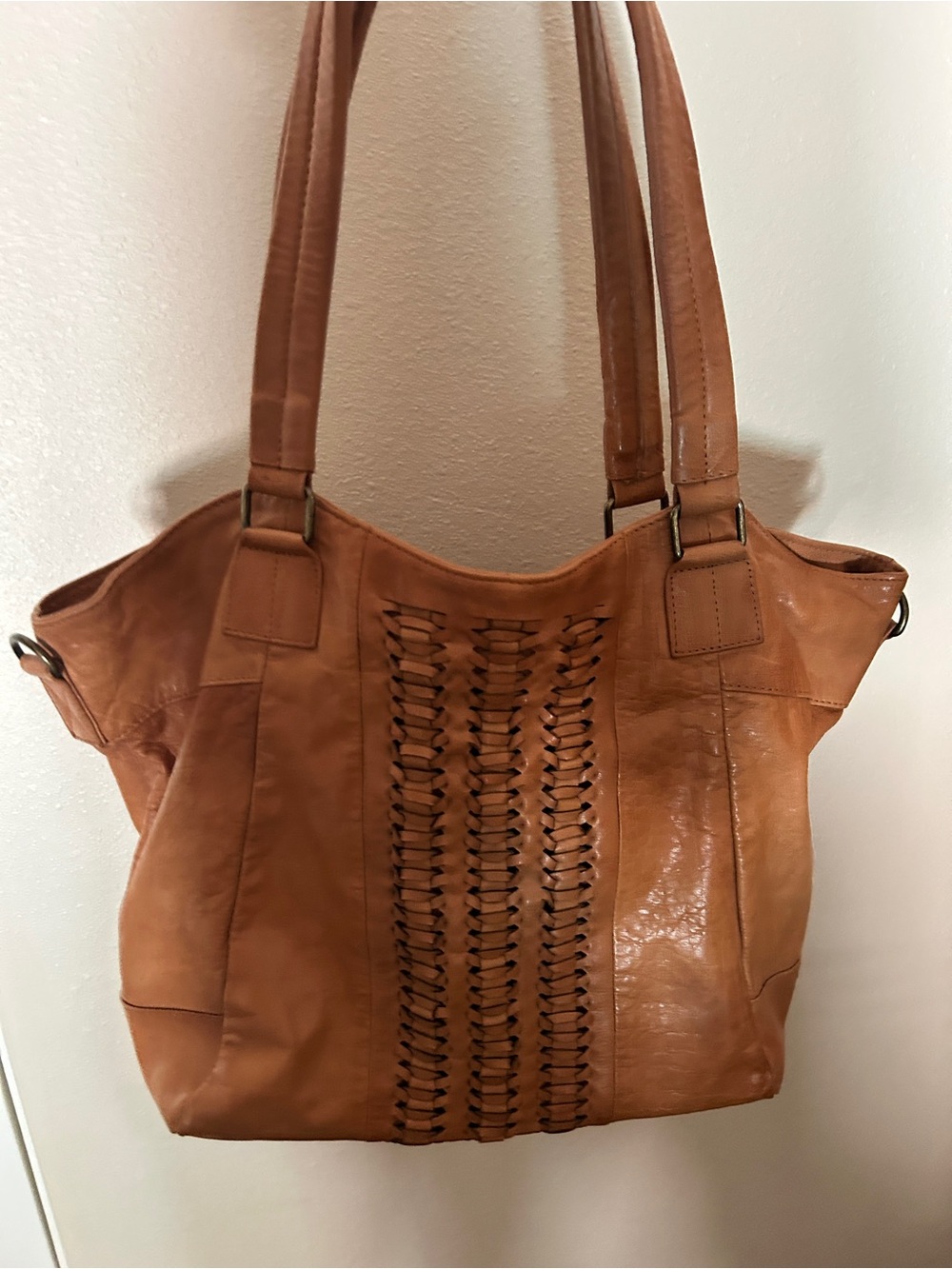 Woven-Front Tan Leather Shoulder Bag